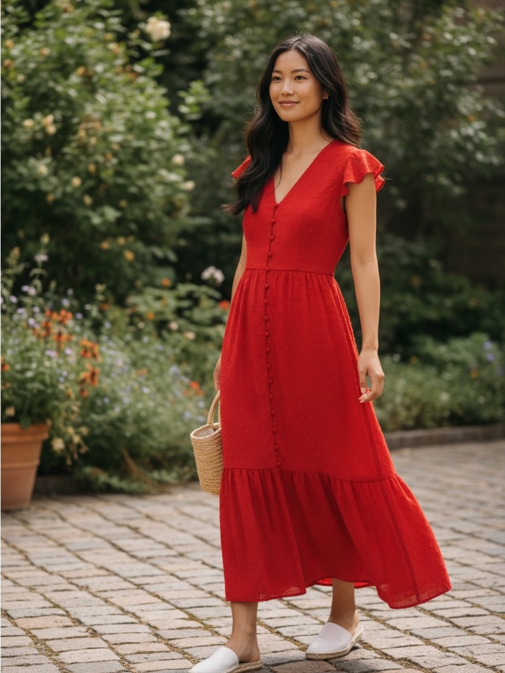 Red Tiered Button-Front women’s Dress